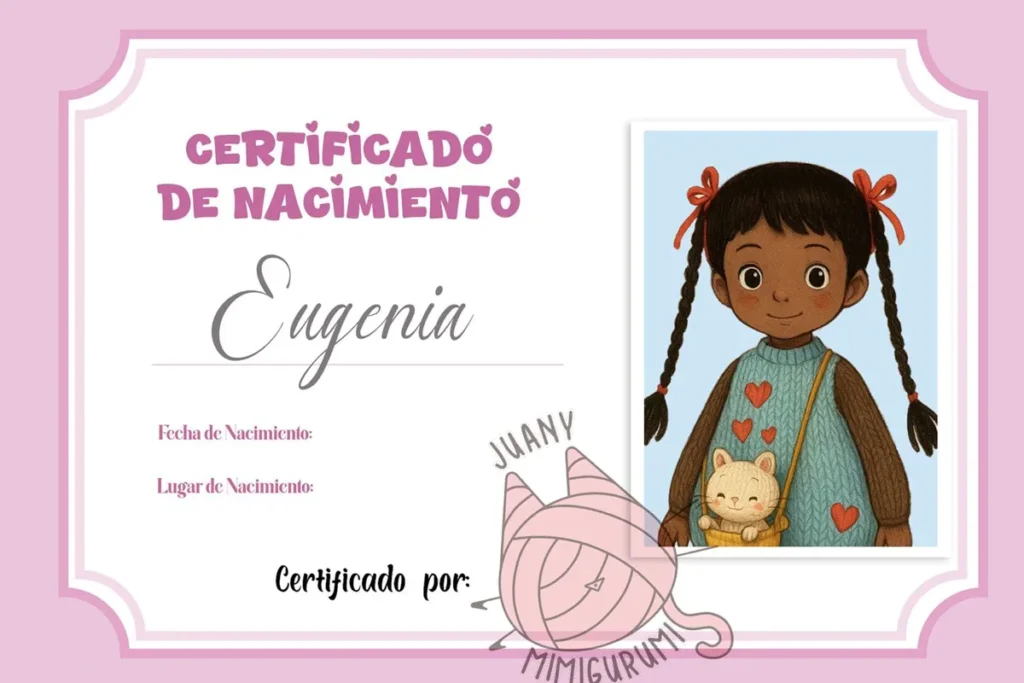 Certificado de nacimiento de una Peque personalizada de Garoé Collections