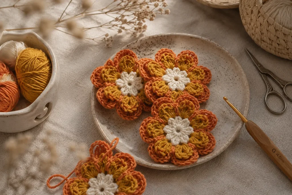 Flores de crochet tejidas a mano en tonos naranja y crema